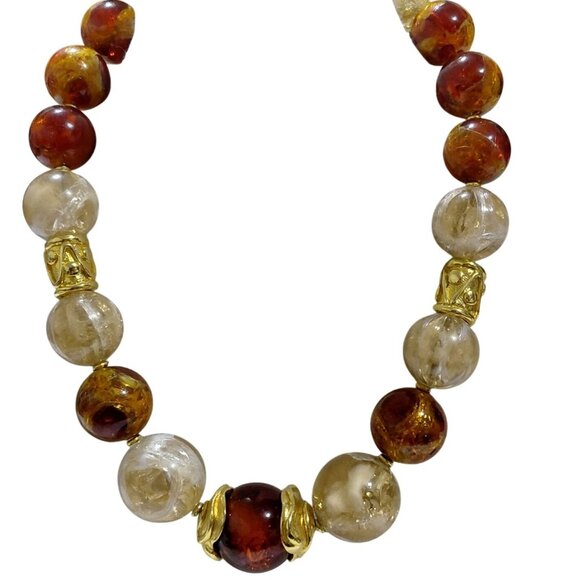 Other Jewelry - Vtg Chunky Lucite Amber Citrine Beaded Necklace With Gold-Tone Accents 17"